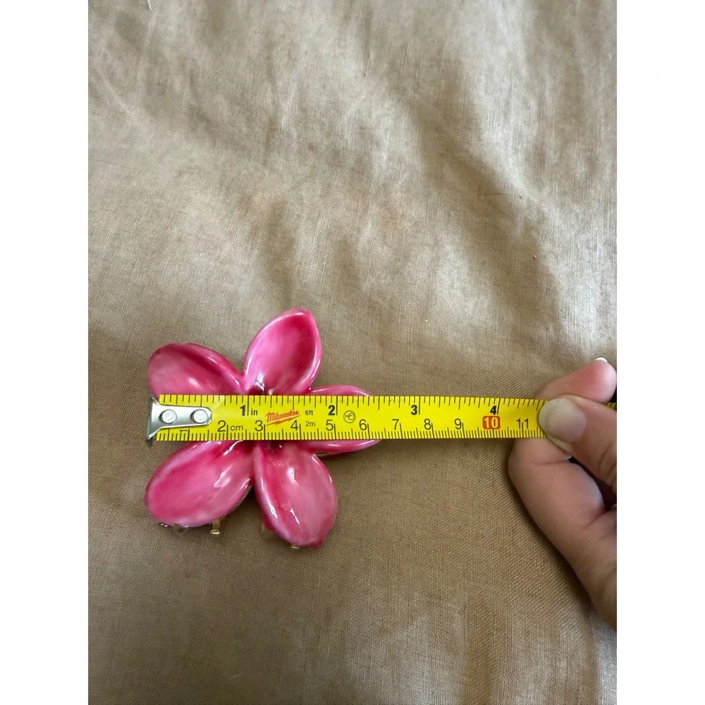 Zara Pink Plumeria Flower Hair Claw Clip Gold Tone Metal Tropical Enamel